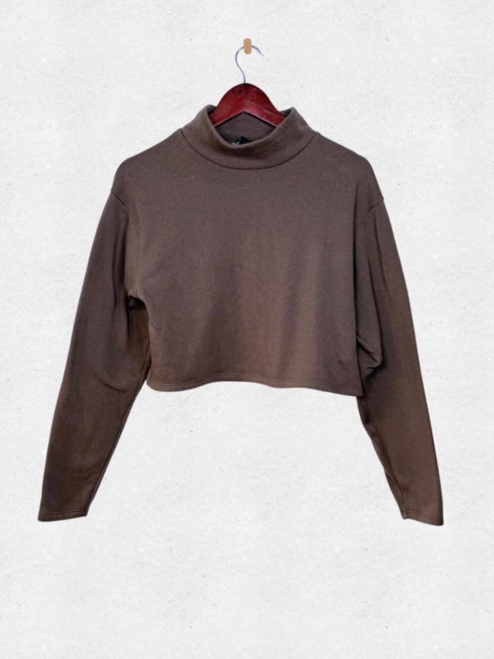 Brown Mock Neck Boxy Crop Top Fleece Sweatshirt Small Neutral Minimalist Preppy